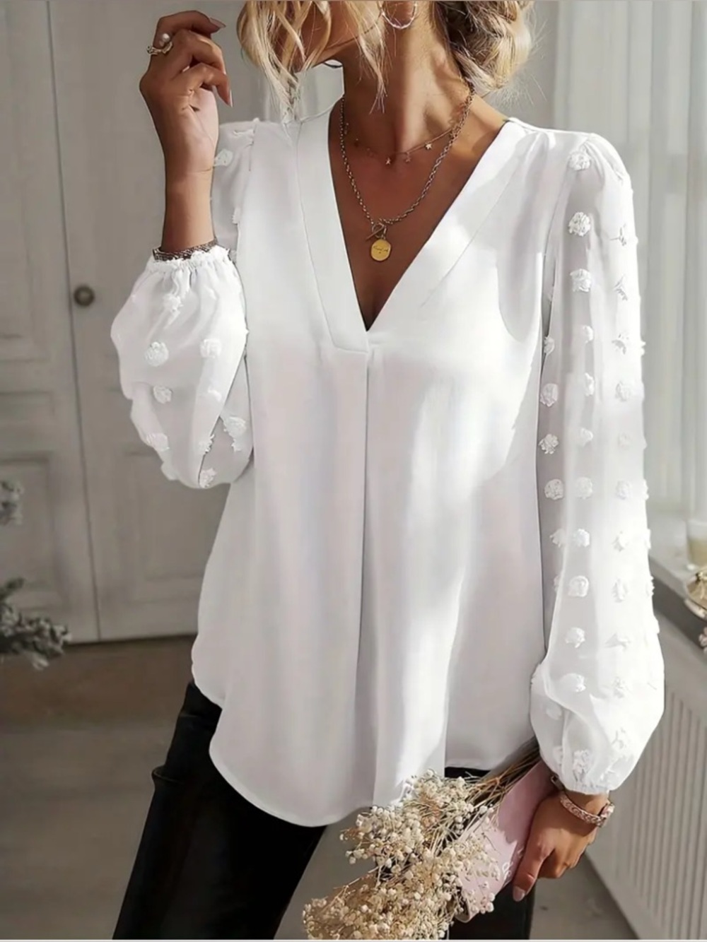 Women's White V-Neck Blouse with Textured Puff Sleeves